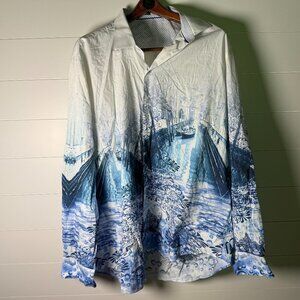 RARE:  Bugatchi 3X Long Sleeve Button Up Shirt Blue White Venice Scene